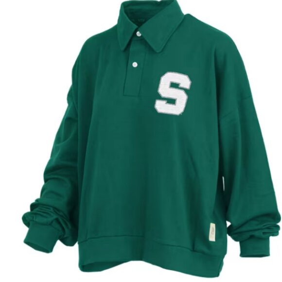 💚Michigan State Spartans Womens Green Martha Polo LS Tee Pressbox - Picture 2 of 6